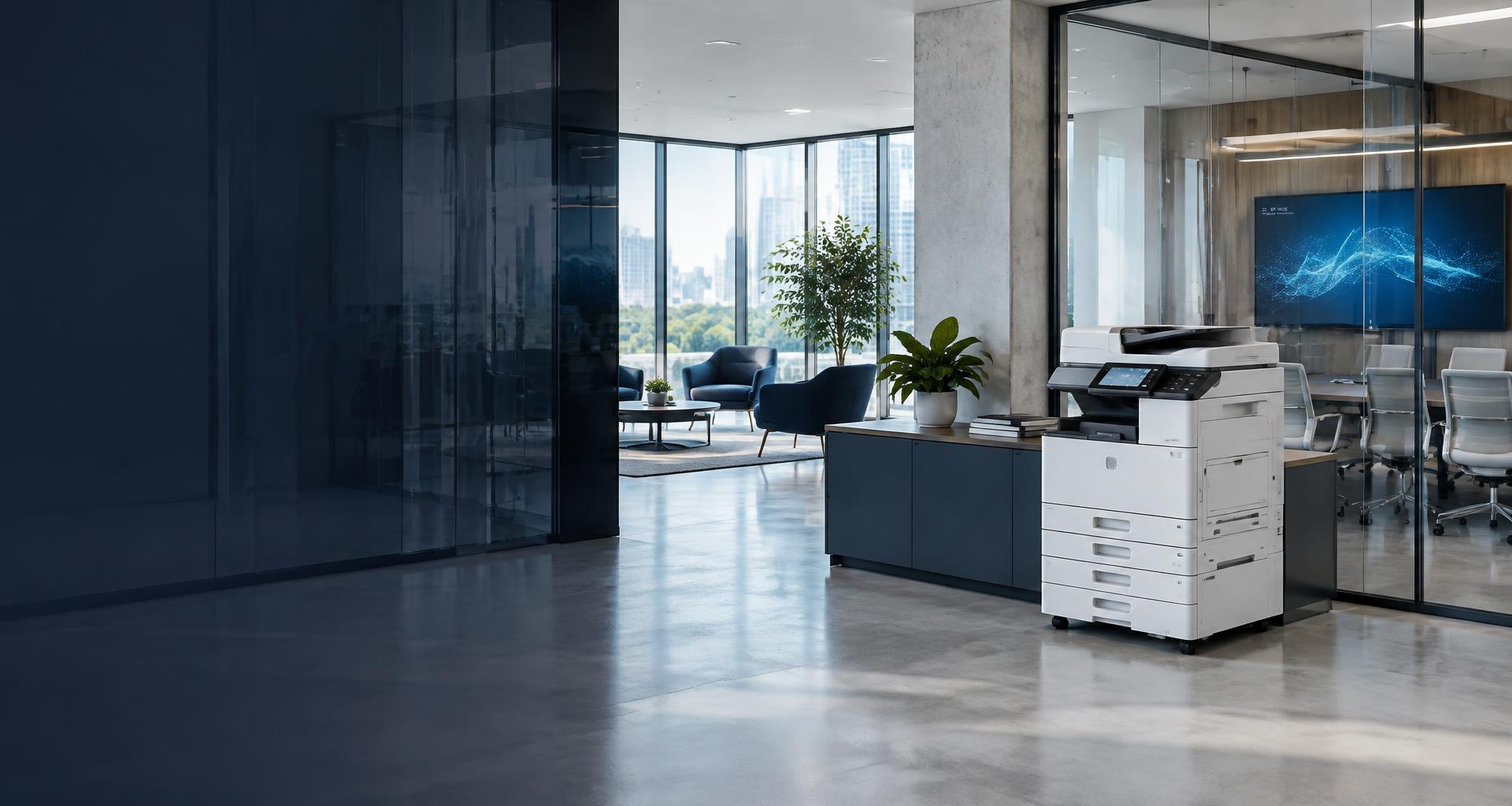 Modern office with a multifunction printer and conference room display — illustrative workplace